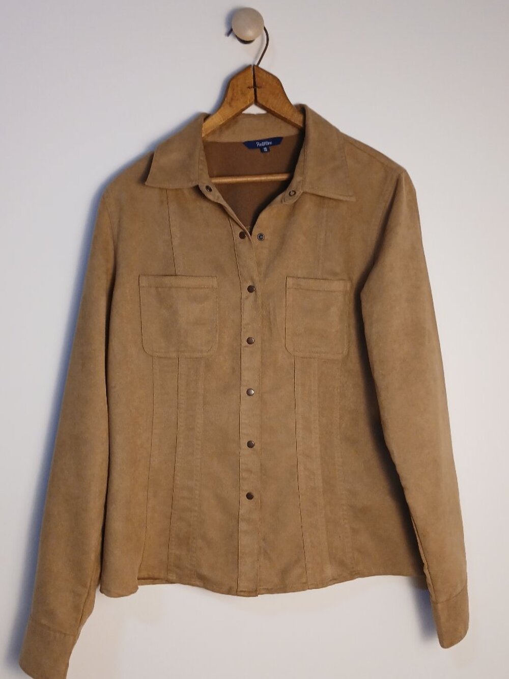 Reitmans Women Size Medium Faux Suede Snap Button Up Long Sleeve Shirt Brown